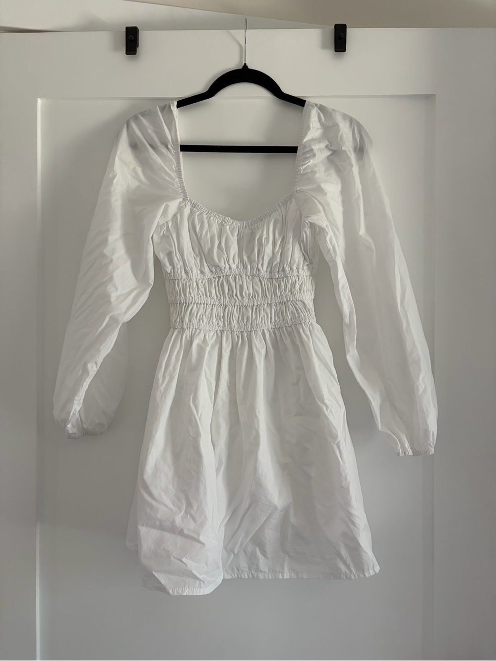 Faithful the Brand- White Smocked Waist Long Sleeve Mini Dress
